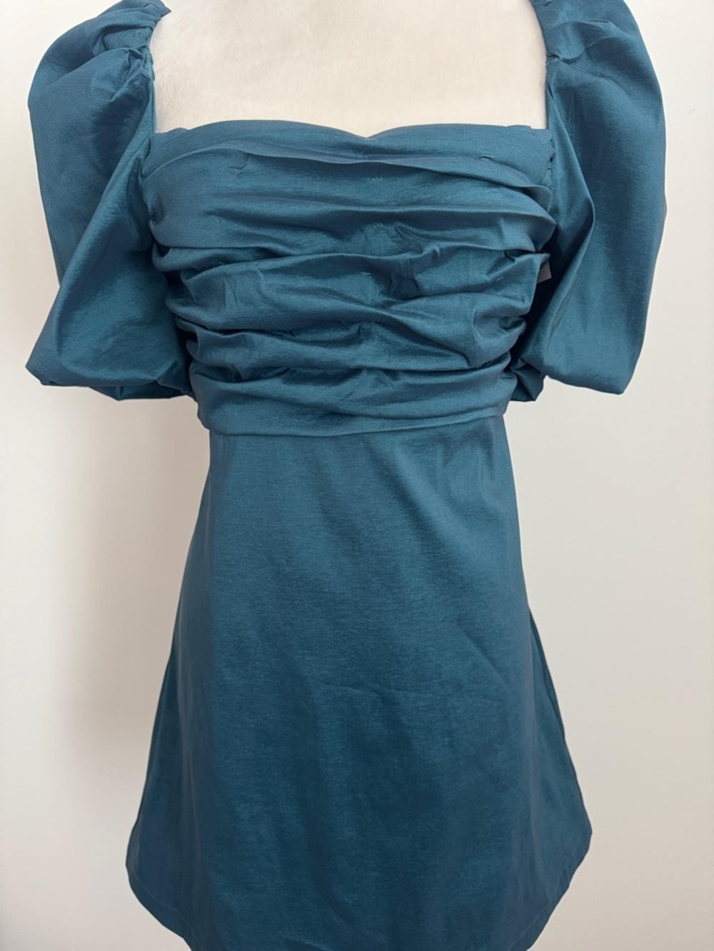 Socialite Teal Ruched Bodice Puff-Sleeve Mini Dress
